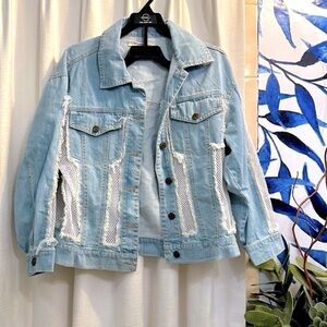 Women’s Mebon by Machine Jeans Distressed Denim Jean with Mesh Panels Jacket S